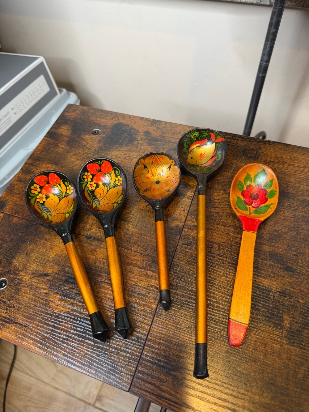 Hand-Painted Black and Gold Wooden Decorative Spoons Set of 5 Wall Dispay